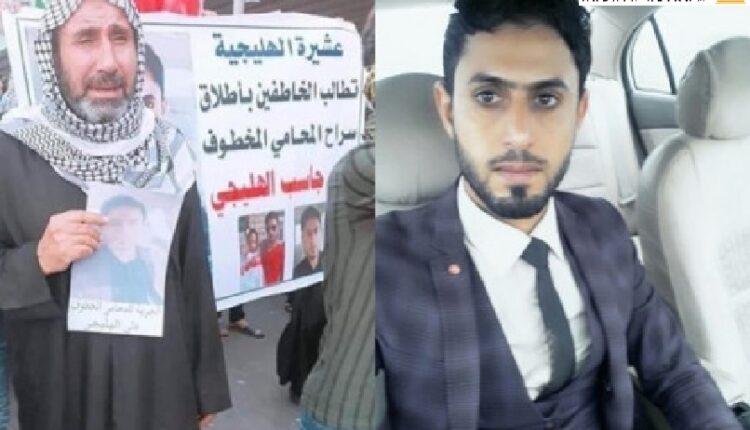 على اليسار الشاعر الشعبي جاسب حطاب الهليجي الذي تم اغتياله، وعلى اليمين ابنه محامي حقوق الإنسان المختطف لدى السلطات العراقية على الهليجي