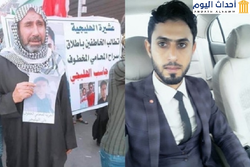 على اليسار الشاعر الشعبي جاسب حطاب الهليجي الذي تم اغتياله، وعلى اليمين ابنه محامي حقوق الإنسان المختطف لدى السلطات العراقية على الهليجي