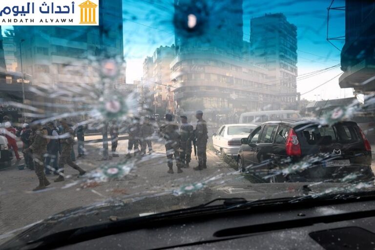 جنود من الجيش اللبناني يظهرون عبر نافذة سيارة اخترقها الرصاص بعد اندلاع اشتباكات دموية في بيروت، لبنان