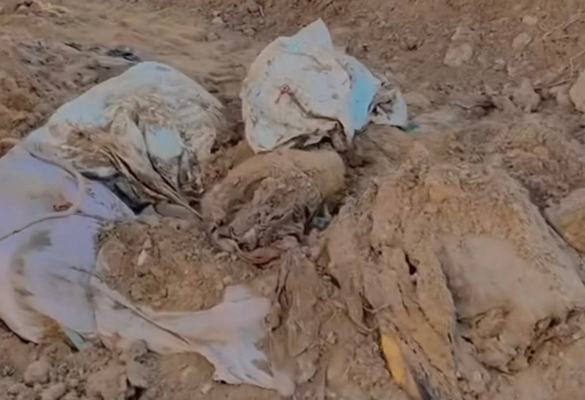 صورة مقتطعة من فيديو انتشرعلى وسائل التواصل الاجتماعي بتاريخ 5 يناير لأكفان جثث فلسطينيين مدفونة مسبقا تم جرفها فوق الأرض من قبل الاحتلال